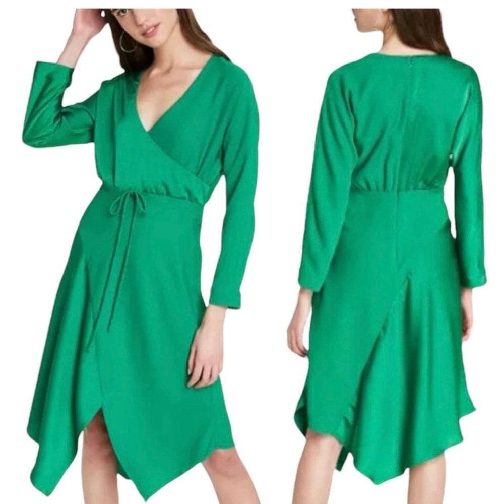 Cushnie Women’s Elegant V-Neck Green Long Sleeve Asymmetrical Wrap Dress Size 2